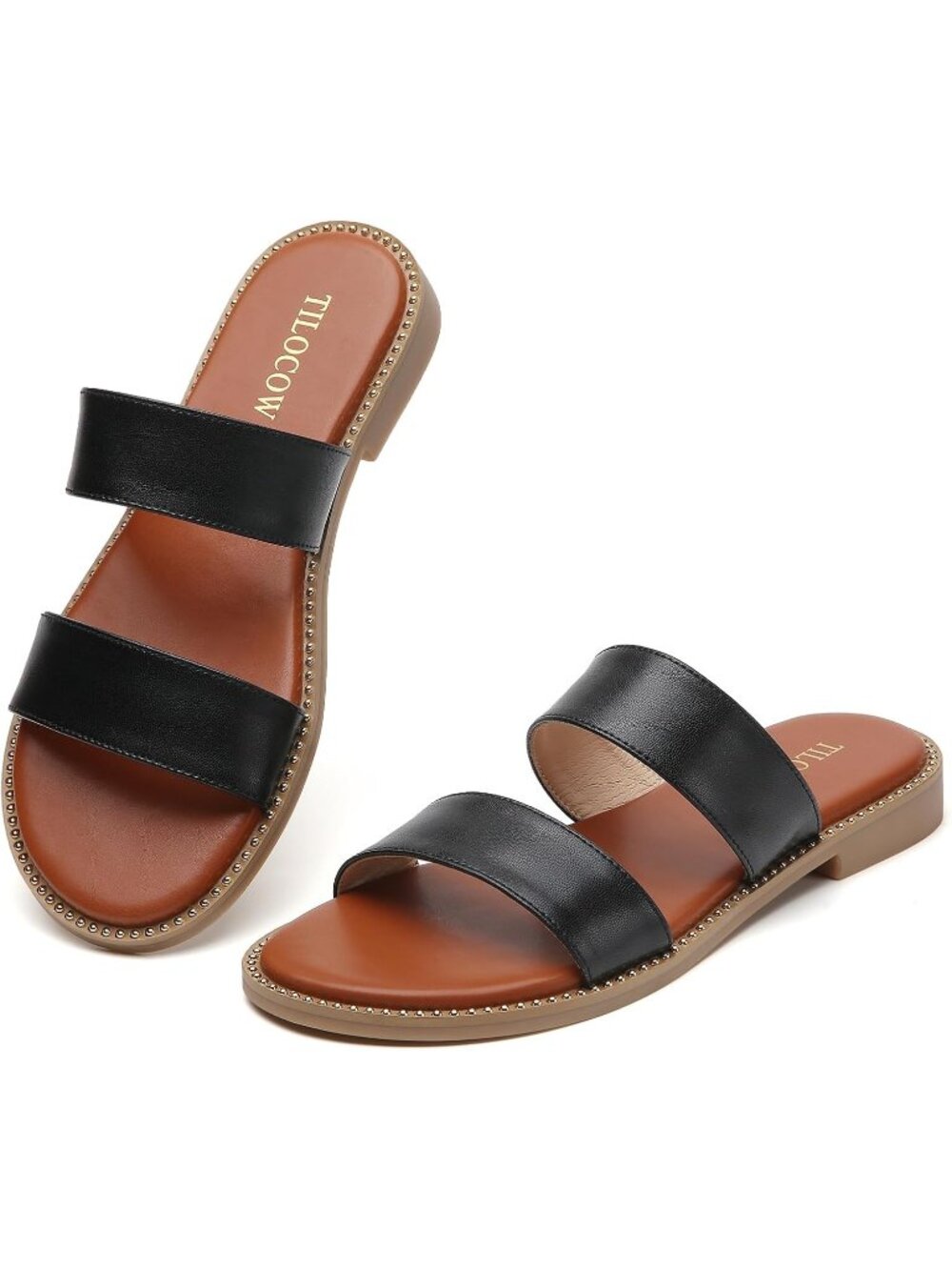 Women's Black Lightweight Stylish Double Straps Rivet Trim Slides Flat Sandals